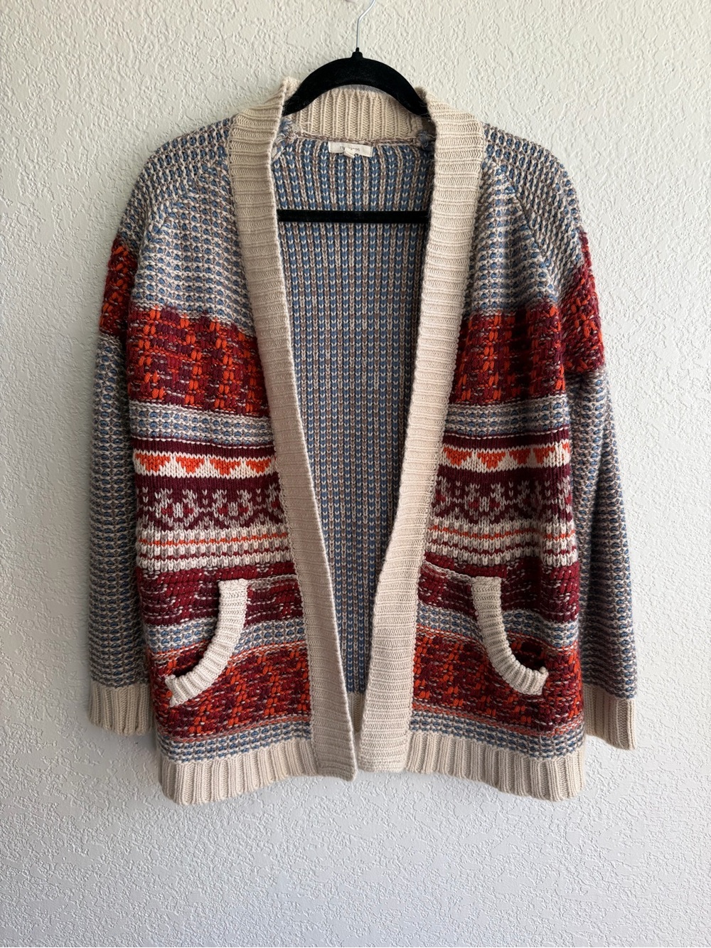 Maurices Cream, Rust & Blue Patterned Open-Front Cardigan
